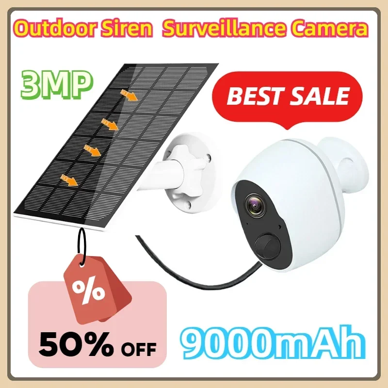 

Outdoor Siren Surveillance Camera 3MP Rechargeable Battery Solar WiFi Security Infrared CCTV Protection IP66