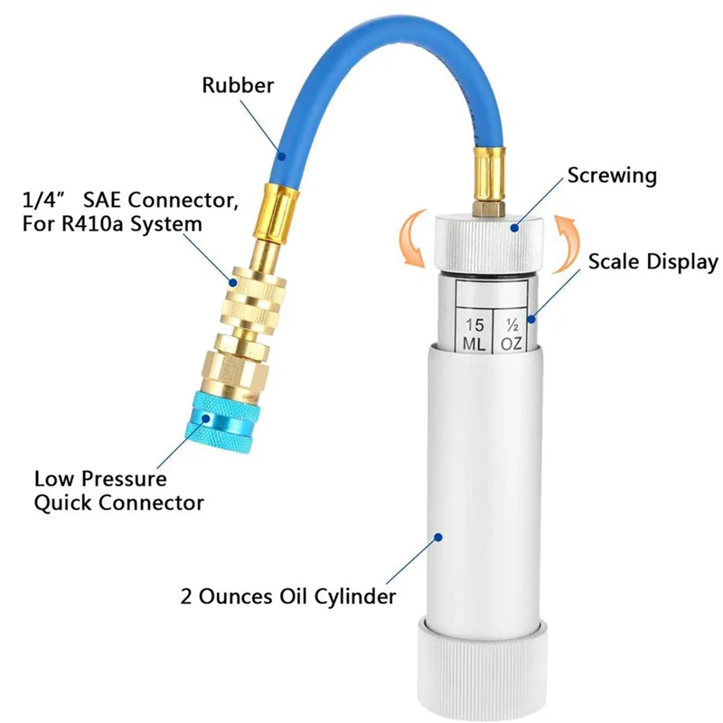 134A Oil Dye Injector Kit with 2 Quick Couplers 2 Oil Checkers A/C Refrigeration Oil Filling and Replenishing Cylinder