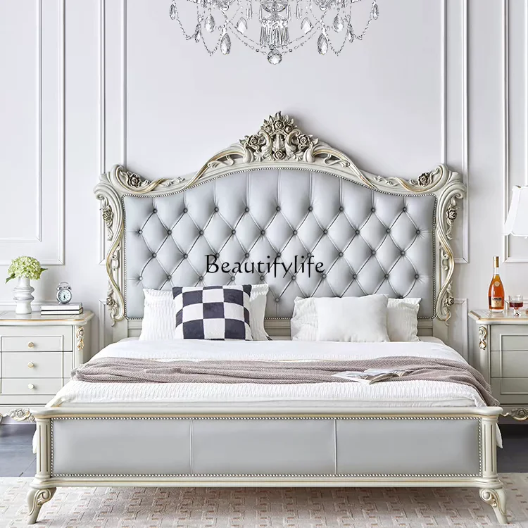 

French solid wood bed carved retro old double bed European court princess bed