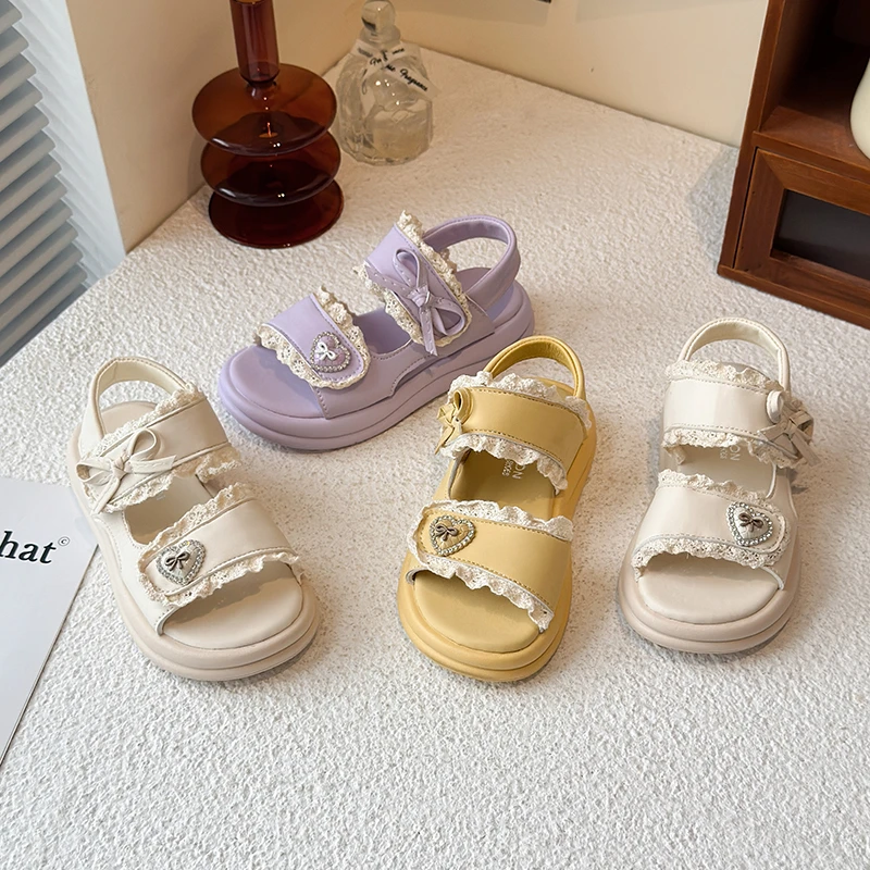 

Лето 2023, детские повседневные сандалии для девочек, Нескользящая пляжная обувь для малышей на толстой подошве с кружевной галстуком-бабочкой, школьная обувь принцессы для девочек