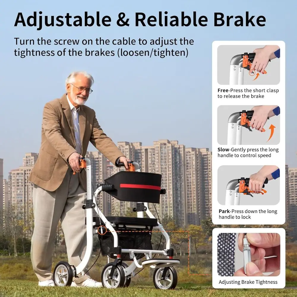 高齢者向けオールインワン折りたたみ式歩行器、軽量アルミニウム製歩行器、人間工学に基づいたデザイン、ホワイト