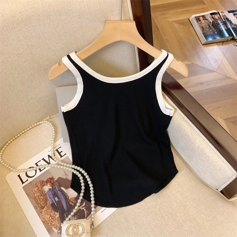 Sexy Slim Knit Sweater Vests For Women Summer Color Blocking Sleeveless O-neck Crop Tops Stylish Chic Sport Vest Knitwear Jumper