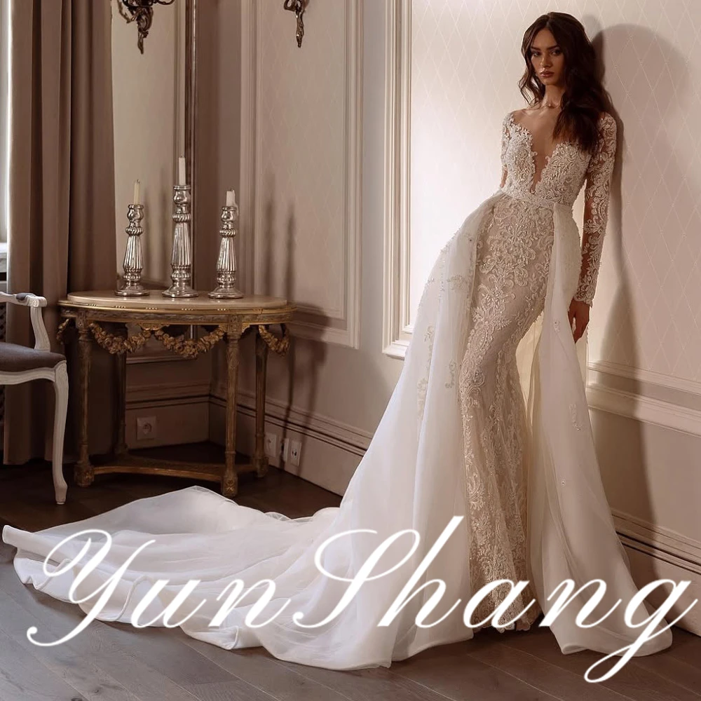 YunShang Романтическое свадебное платье русалки с длинными рукавами и интрактной вышивкой, с V-образным вырезом и изящной прозрачной спиной, сексуальное