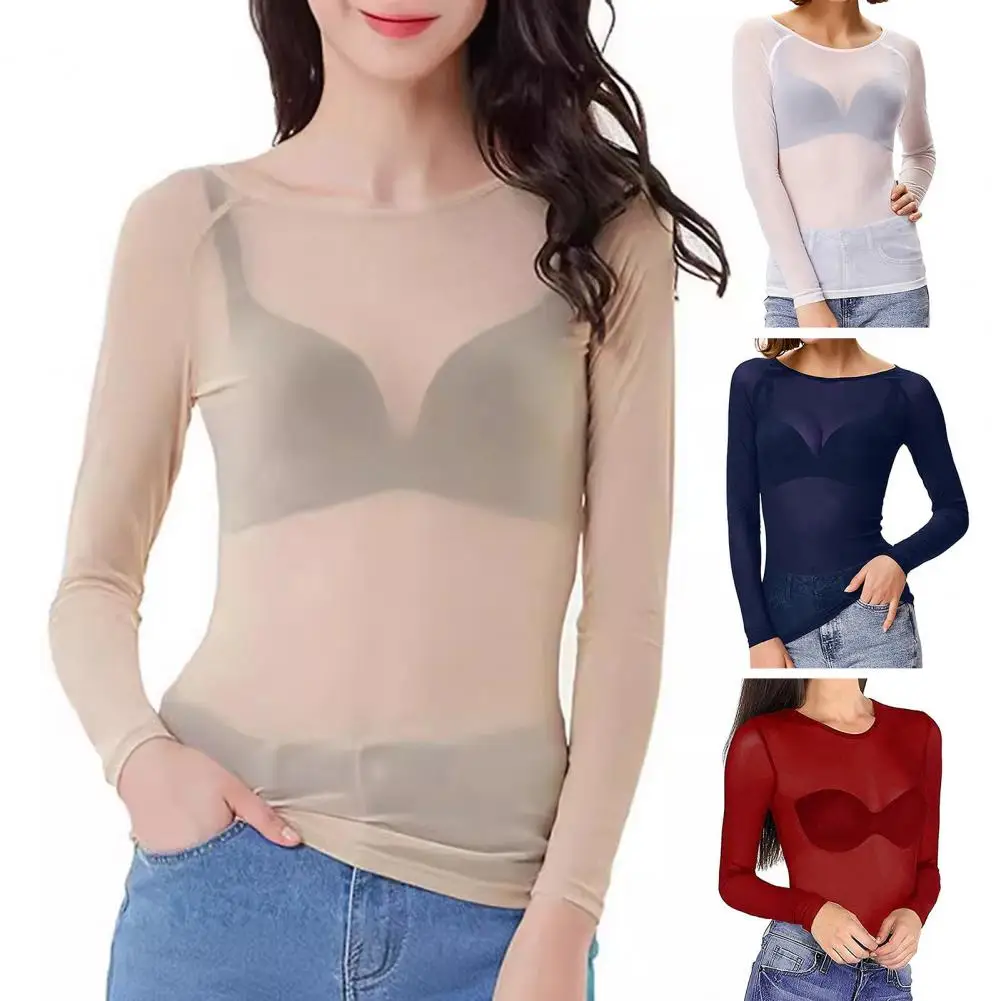 Women Mesh Bottoming Shirt See through O Neck Long Sleeve Lady Blouse Slim Fit Sexy Clear Sun Gauze Tops