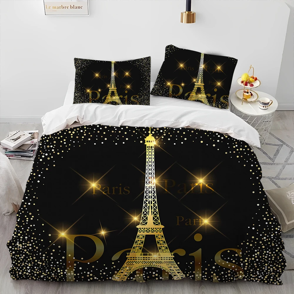 France Paris Eiffel Tower Romantic Comforter Bedding Set,Duvet Cover Bed Set Quilt Cover Pillowcase,King Queen Size Bedding Set