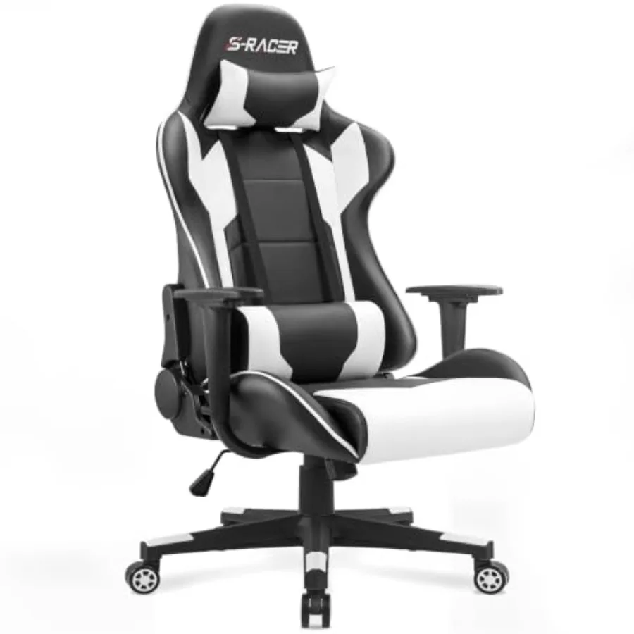 Gaming and office chair for desk use, premium leather, black, ergonomic design with adjustable height, headrest, lumbar support