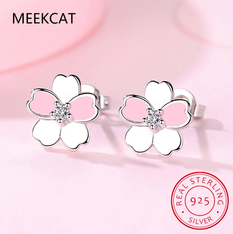 Pink Enamel Cherry Blossom Earrings 925 Sterling Silver CZ Flower Stud Earrings Platinum Plated for Women Girls SCE1673