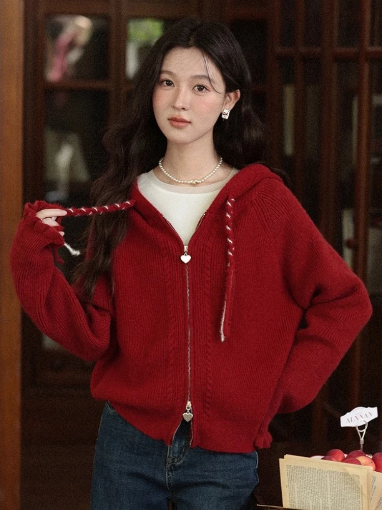 

ALXNAN Hooded Knitted Sweater Autumn Winter Two-Way Zipper Vintage Cardigan Drawstring Loose-fit Versatile Woman's Coats L580101