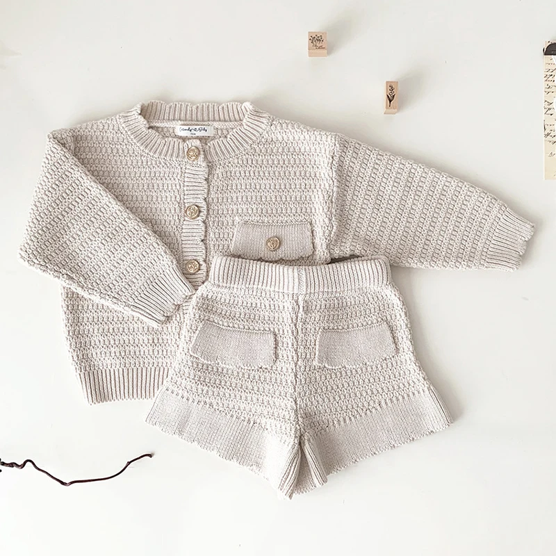 0-4 Yrs Girls Knit Suit Fashion Baby Boys Girls Clothing Sets Winter Knit Cardigan +PP Shorts Infant Girls Knit Tracksuits Suits