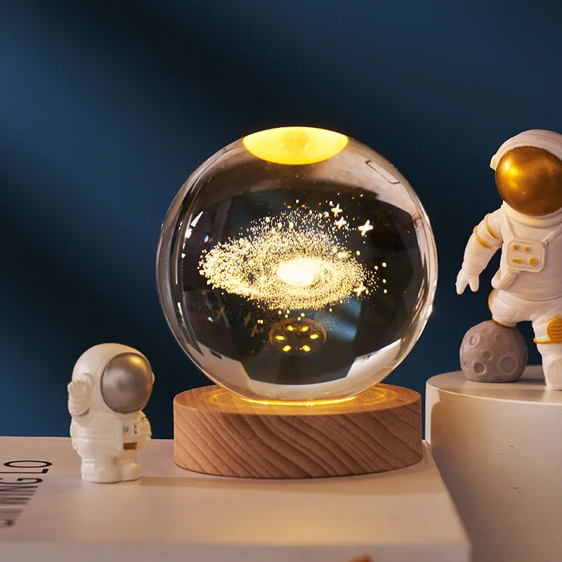 3D Laser Carved Crystal Ball LED Night Light Galaxy Projector Home Bedroom Decorative Light Solar System Moon Astronomy Gift