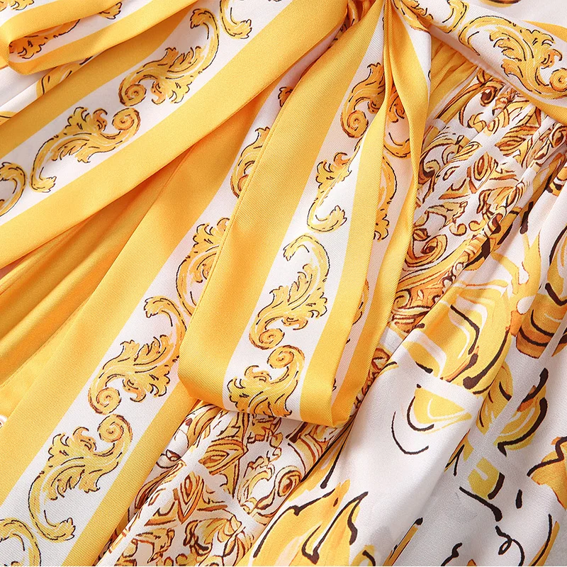 خمر طباعة المرأة فستان أنيق موضة جديدة واحدة الصدر بدوره إلى أسفل تي شيرت بياقة حزام تنورة طويلة الصيف الملابس النسائية #5