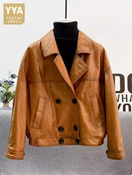 Spring New Women Double Breasted Genuine Leather Jacket Lapel Collar Loose Fit Real Sheepskin Coat Casual Motorcycle Outerwear