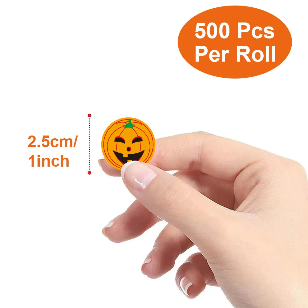500Pcs/roll Halloween Sticker Rolls, Halloween Round Pumpkin Ghost Stickers, Spider Bat Cat Stickers for Party Decoration