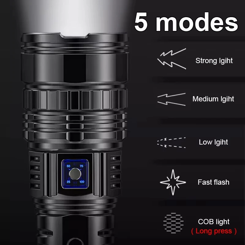 Most Powerful Long Range LED Flashlight USB Rechargeable Super Bright  Tactical Torch Lantern With Luminous Strips Outdoor Lamp image 5