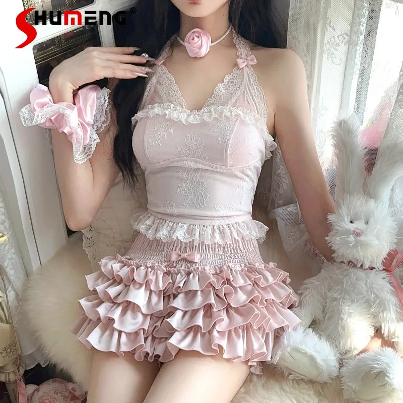 

2024 Summer New Japanese Rojita Style Camisoles Versatile With Chest Pad Bow Lace Halter Straps Bra Vest Clothes Y2k Top Slings