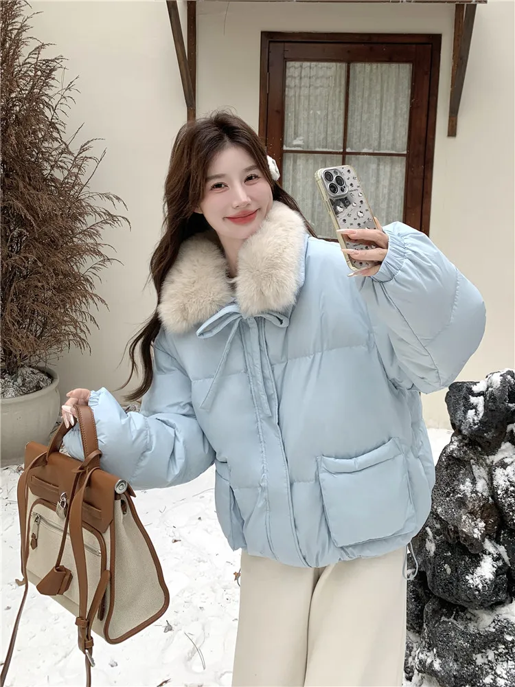 ブルーのレディースダウンジャケット、大きなファー襟付き、ダウン入りコート、冬用、韓国風、超美品、小さいサイズ