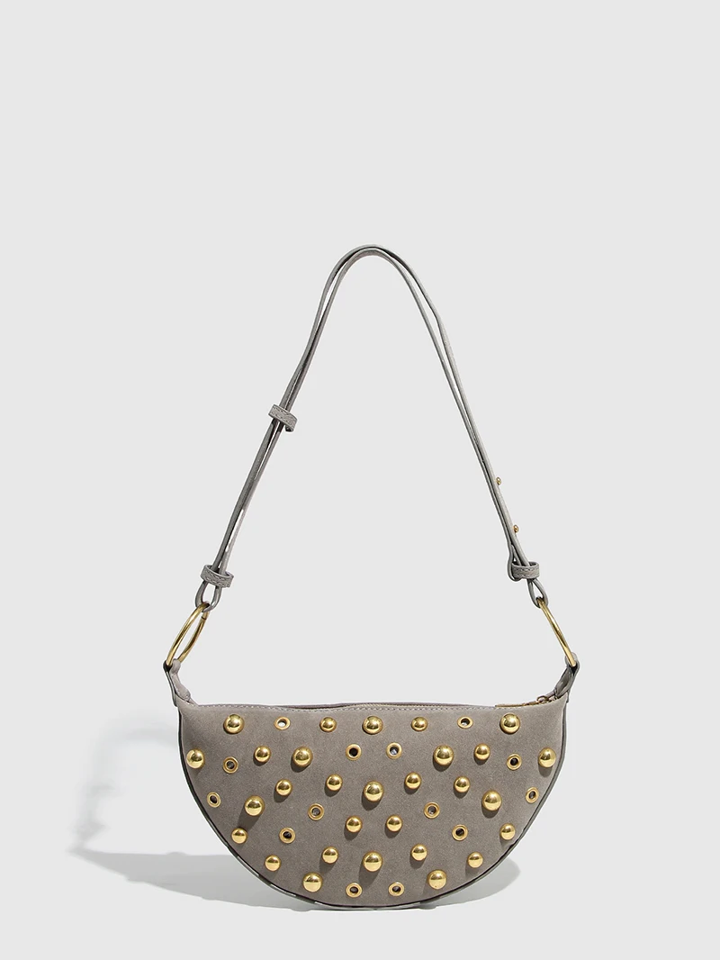 

Винтажные тонкие сумки в форме полумесяца из искусственной замши для женщин, роскошные дизайнерские сумки, кошельки, новые полые маленькие сумки с заклепками на плечо под мышками