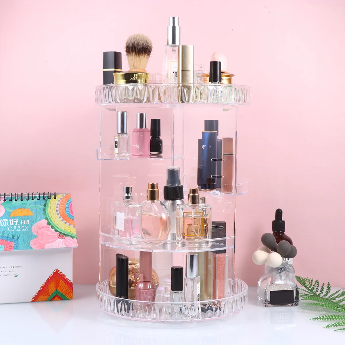

Diamond Pattern Acrylic Cosmetics Display Shelf Rotative Storage Organizer For Makeup Brushes Design Clear