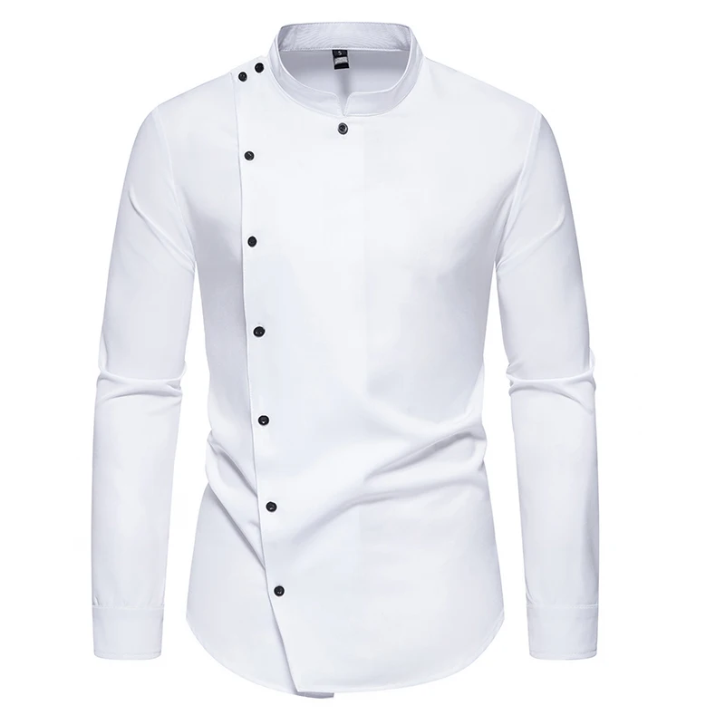 Men's Diagonal Placket Long Sleeved Slim Fit Shirt with Multi Button Decoration Men's Standing Collar Top