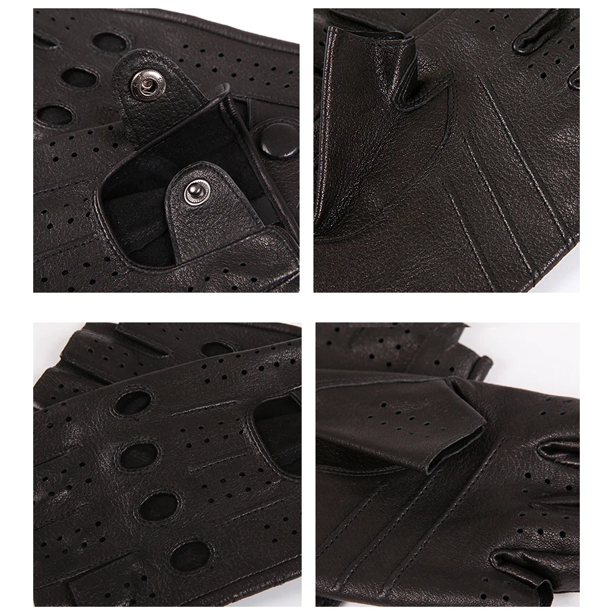 Half Finger Leather Gloves Male Spring Summer Thin Unlined Breathable Anti-Slip Sheepskin Men Driving Gloves Touchscreen M046P-1