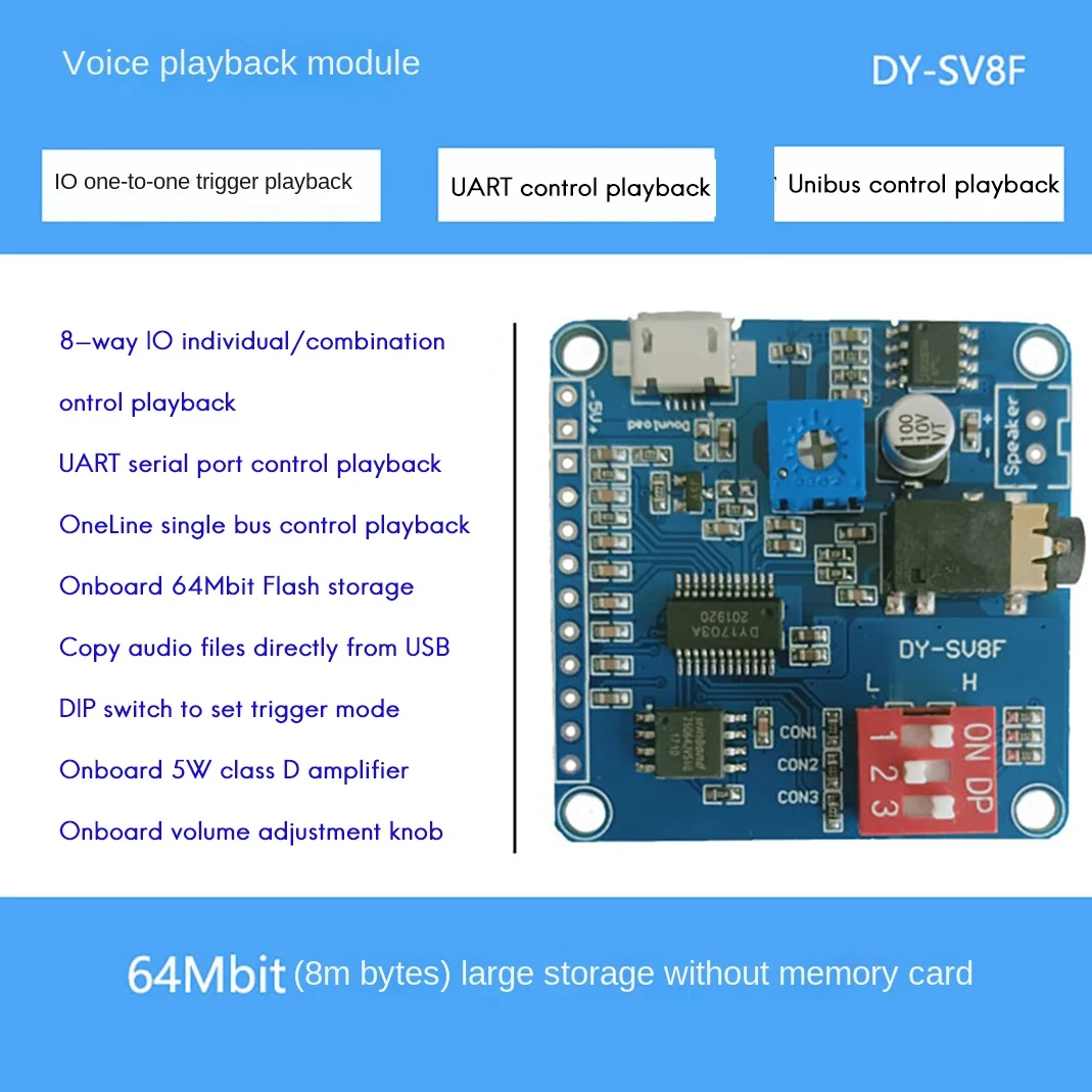 DY-SV8F Voice Playback Module MP3 Player UART I/O Trigger Amplifier Class D 5W 8M Storage Flash SD/TF Card for Arduino