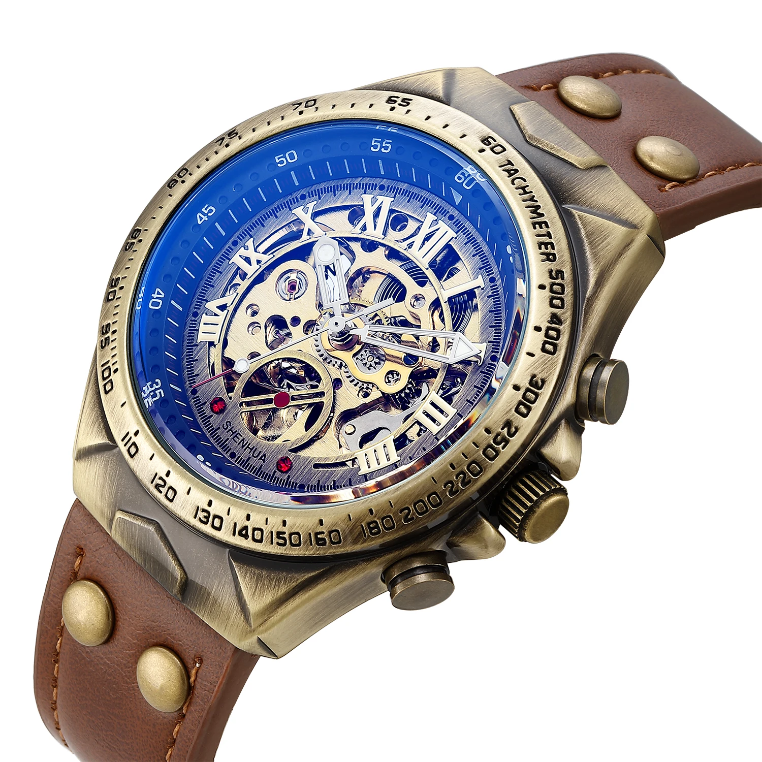 SHENHUA 9869A Vintage Bronze Mens Relogio Masculino Automatic Wrist Watches Male Leather Mechanical Wristwatch Erkek Kol Saati