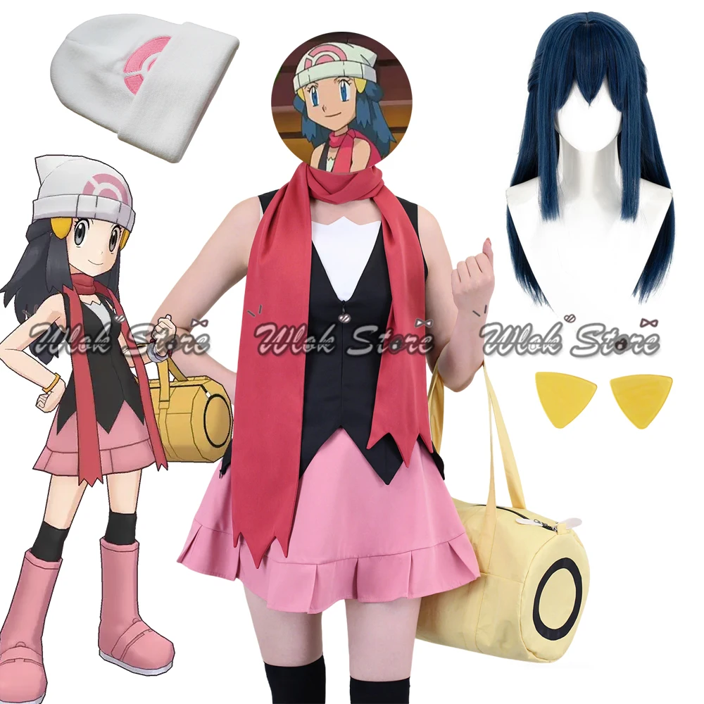 

Anime Dawn Hikari Cosplay Costume Tops Skirt Scarf Suit Heat Resistant Wig Headwear For Women Halloween Party Carnival Role Play