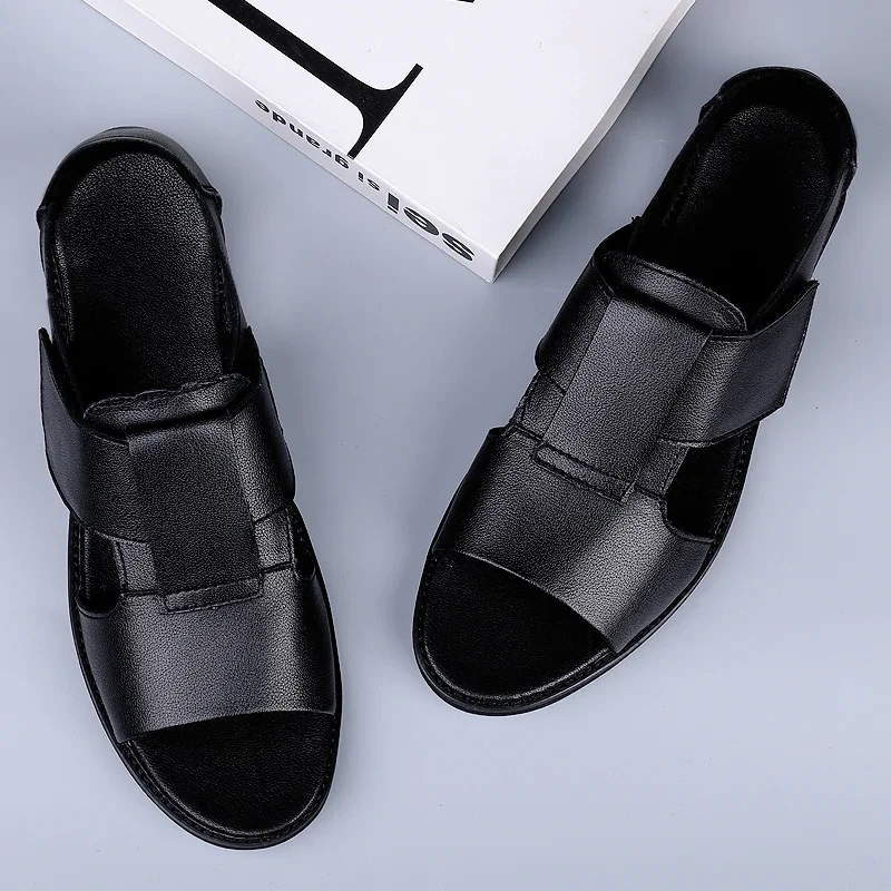 Summer Men Genuine Leather Sandals New Design Fashion Casual Black Slip on Sandals Leather Sandals Man Men\'s Flats