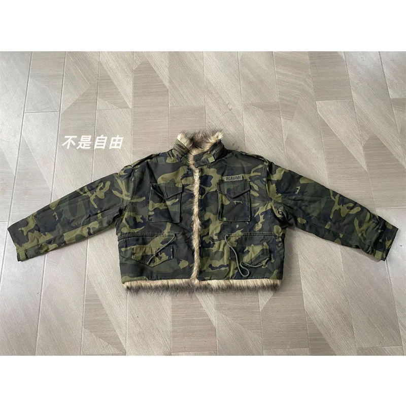 

Camouflage Green Project GR Multi Pockets Hair Collar Jacket Men Women Winter Thicken Keep Warm Hairy Single-breasted Coats