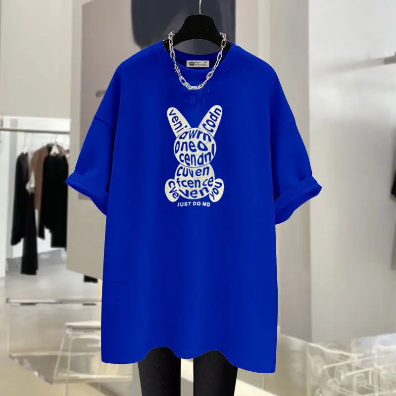 

Summer Chic Letter Print Y2k Tshirt Women Pure Cotton O-neck Short Sleeve Basic Top Tee Casual Loose Oversized Pullover 45-105Kg