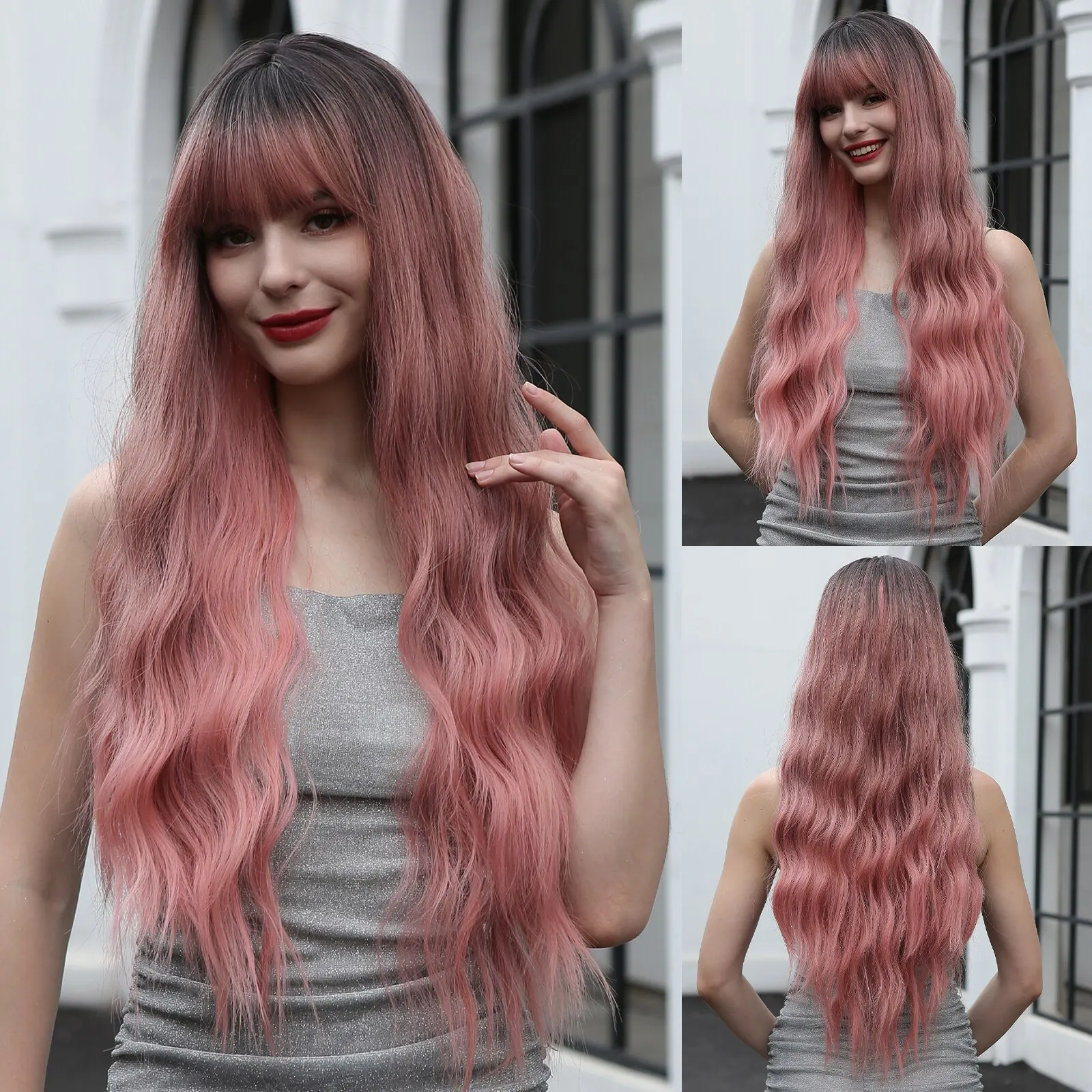 

Long Pink Water Wavy Wig for Women Synthetic Ombre Pink Natural Looking Wig with Bangs Heat Resistant Fiber Party Daily Use