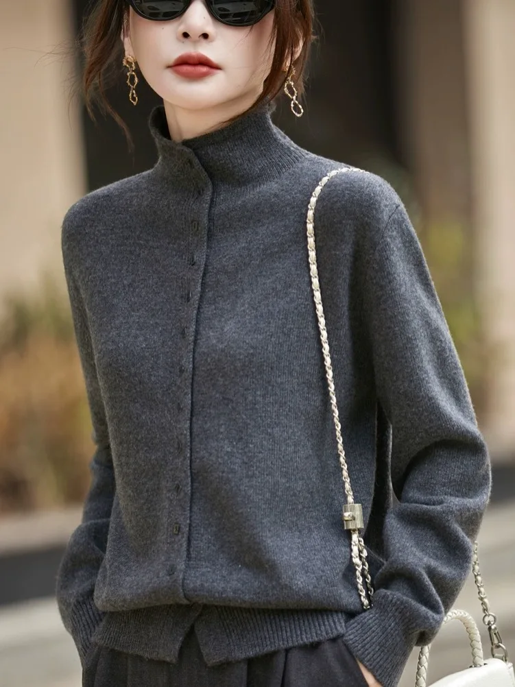 

High-End Women's Knitted Cardigan f High Collar Slim Fit Base irt Casual Sle Wool Blend Long Sve Warmth Heating