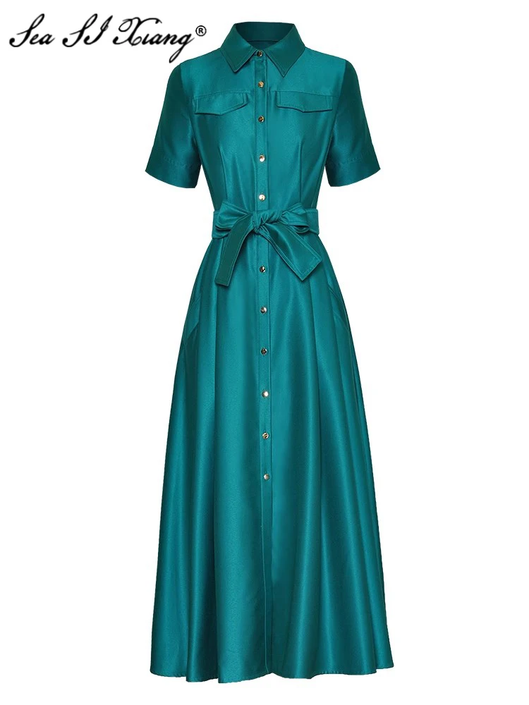 

Seasixiang Fashion Designer Spring Summer Dress Women Turn-down Collar Short Sleeve Lace-up Office Lady Single Breasted Dresses