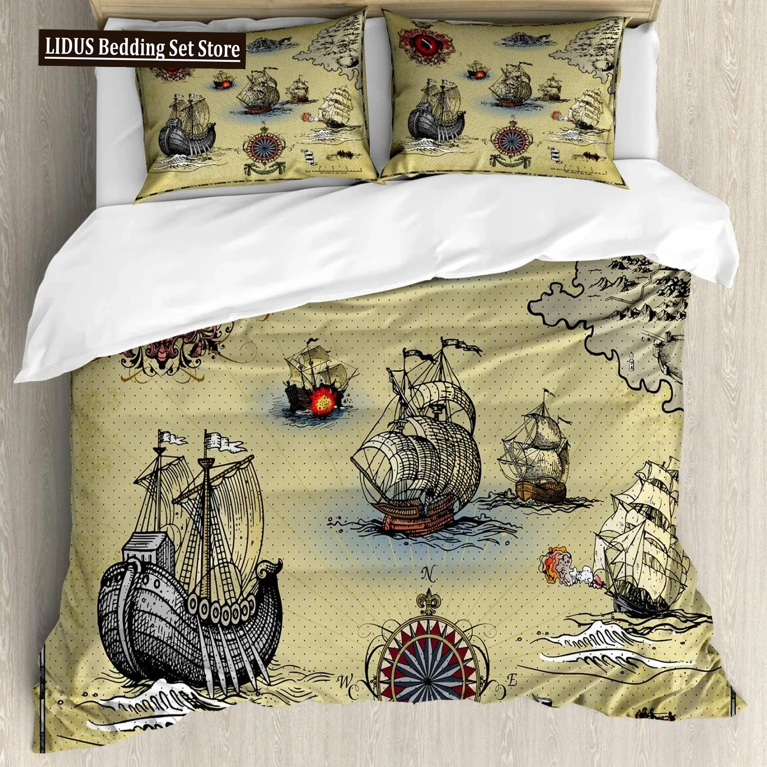 

Compass Duvet Cover Antique Old Plan Discovery Ship Pirate Wave Compass Navigation Geography Queen King Polyester Bedding Set