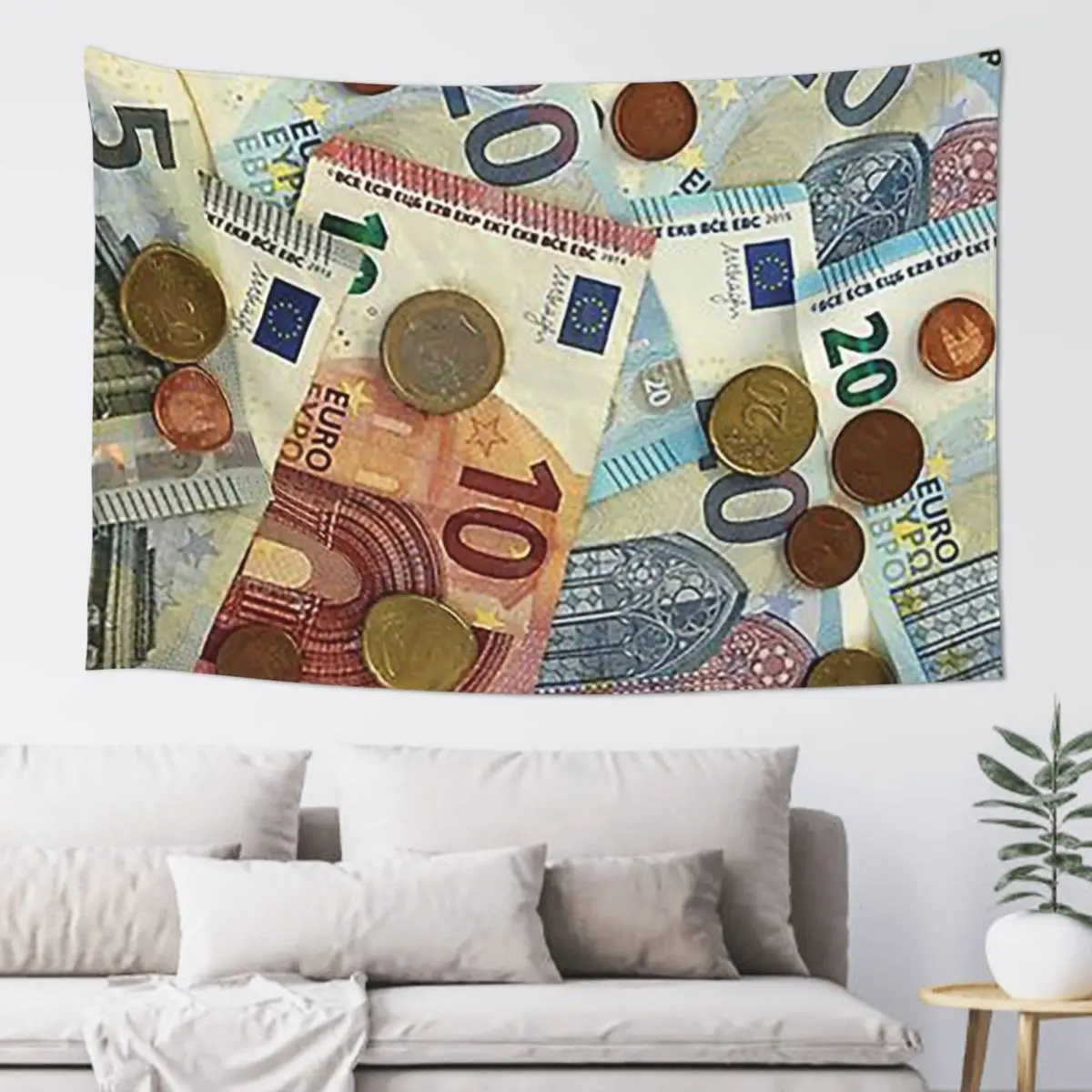 Euro Banknotes And Coins Tapestry Funny Wall Hanging Aesthetic Home Decor Tapestries for Living Room Bedroom Dorm Room