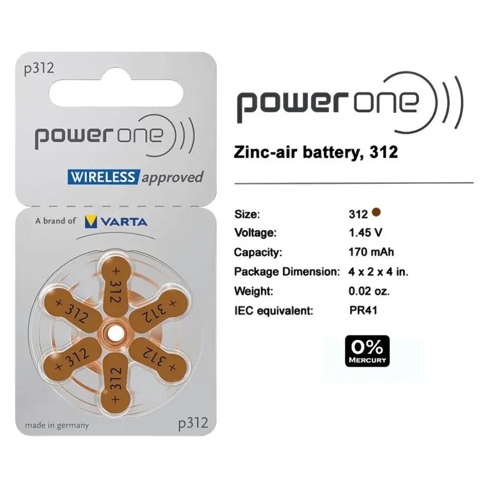 PowerOne P312 Hearing Aid Batteries 60PCS/10 Cards 1.45V 312 312A A312 PR41 Zinc Air Battery For BTE CIC RIC OE Hearing Aids