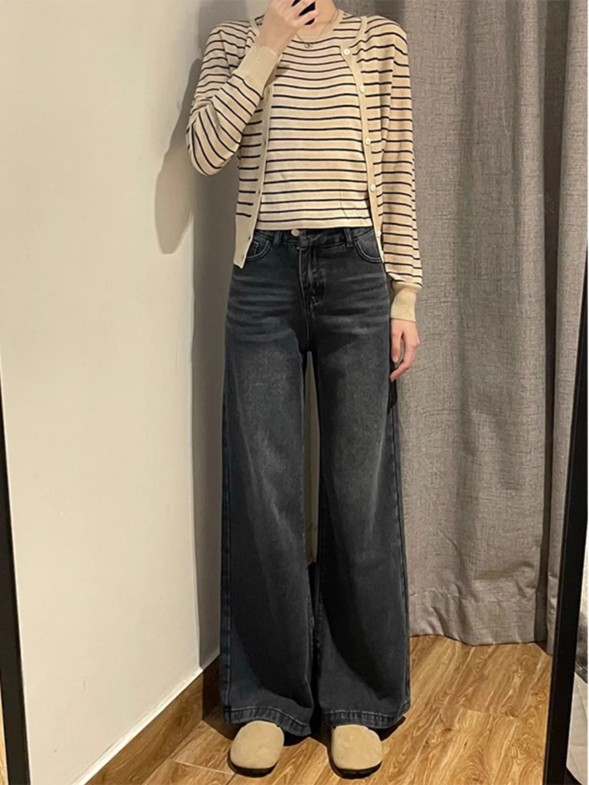 Vaqueros de pierna ancha de cintura alta para mujer, pantalones Bootcut adelgazantes de corte recto largo hasta el suelo, holgados de talla grande, para primavera y otoño