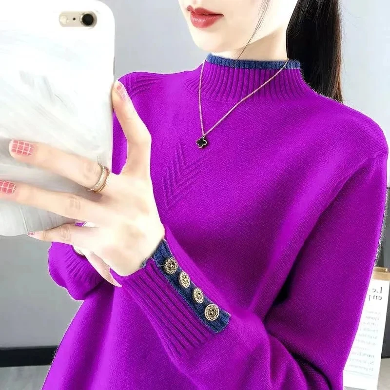 Autumn Winter New Korean Warm Half High Collar Knitted Sweater Women Oversized Casual Fashion Pullovers Loose Button Female Tops