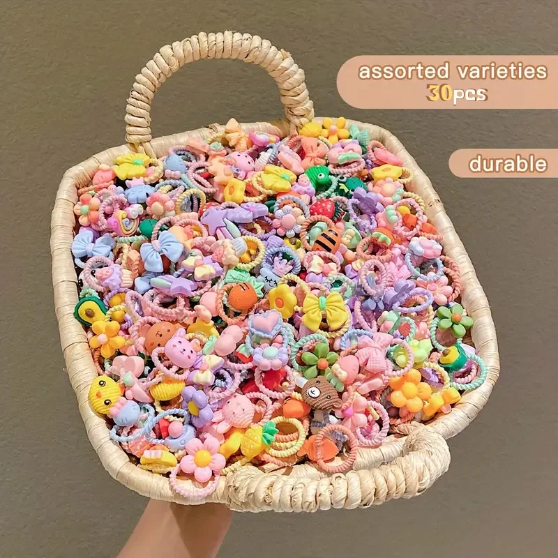 

30-Pack Cute Cartoon Kids Hair Ties - Assorted Colorful Elastic Hair Bands