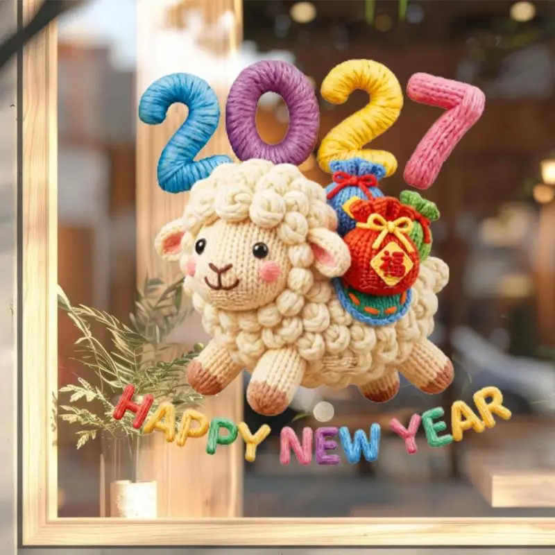 2027 Happy New Year Window Sticker Cute Knitted Sheep Design Same Color Both Sides Perfect For Home Shop Glass Decoration