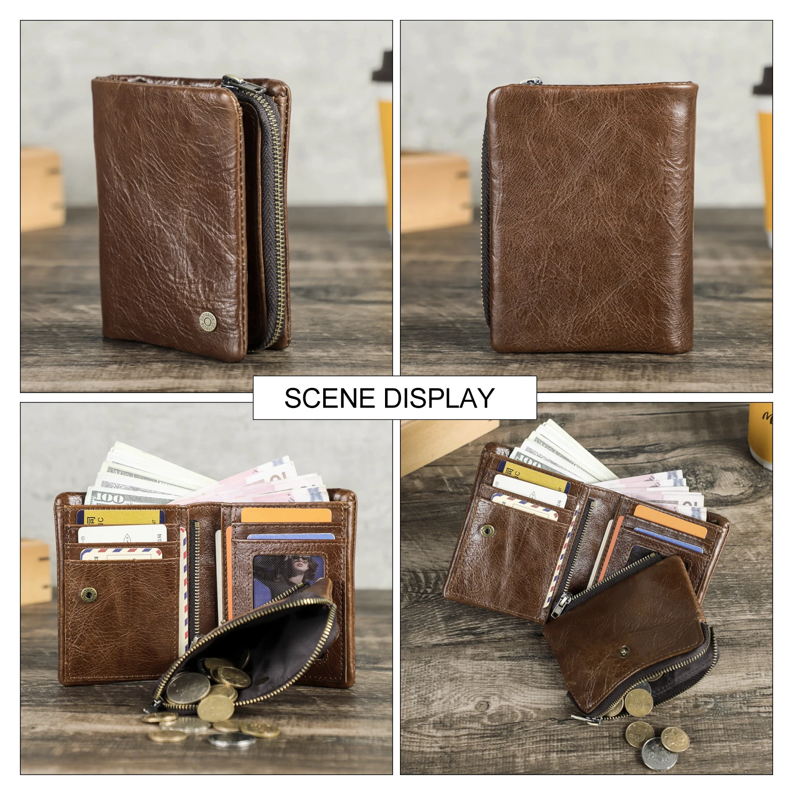 CONTACT\'S Men Short Wallet Genuine Leather RFID Bifold Wallet Card Holder Luxury Designer Zip Coin Purse Money Clip Men\'s Bags