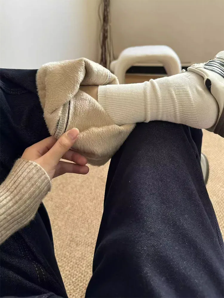 Plus size feminino Thiened Fce forrado jeans de perna larga cintura alta emagrecimento vintage azul retalhos calças compridas casuais