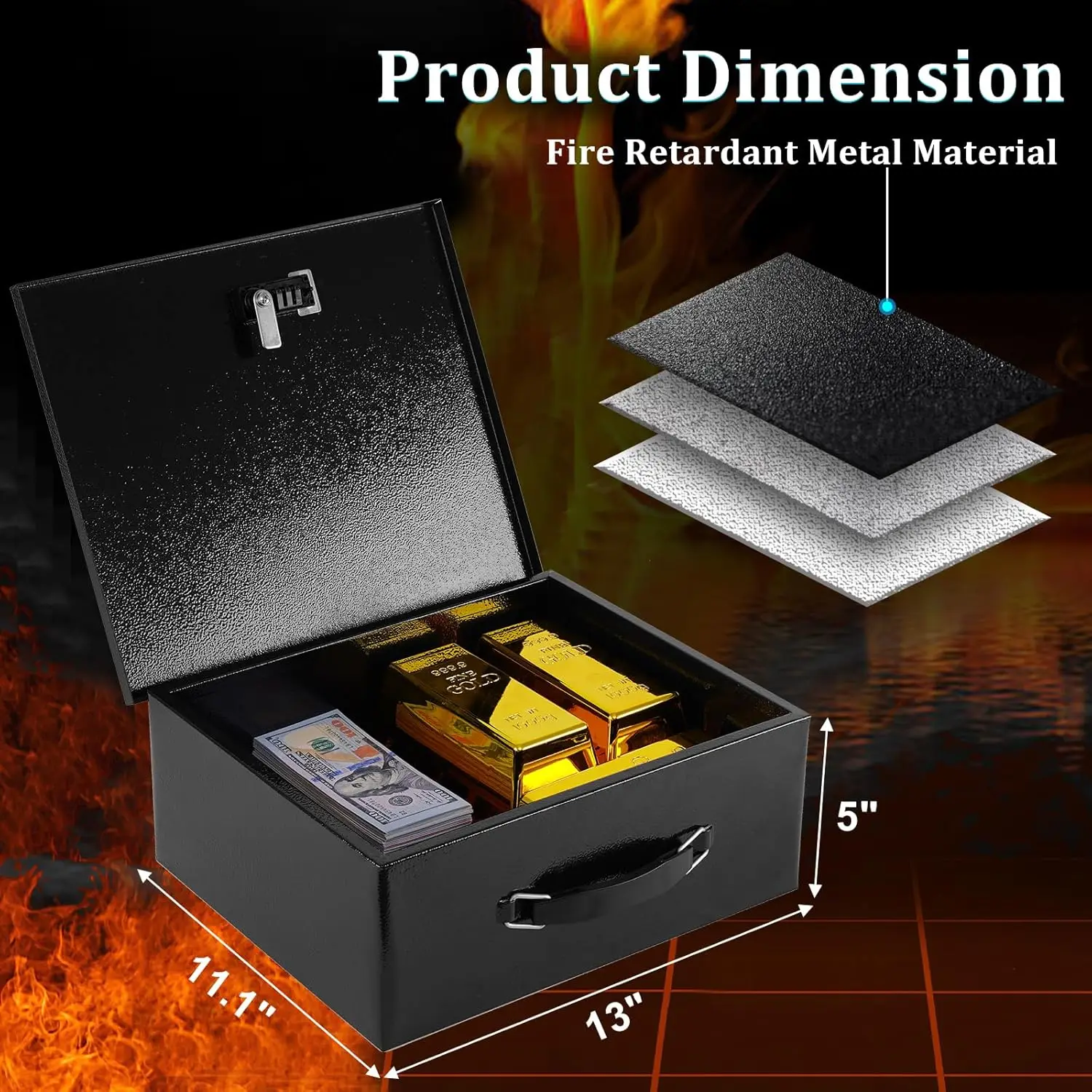 

Portable Metal Safe Box with Dual Combination and Key Lock - Fire Resistant Storage - X Large 13.2"x 11"x 5.1" Black Box