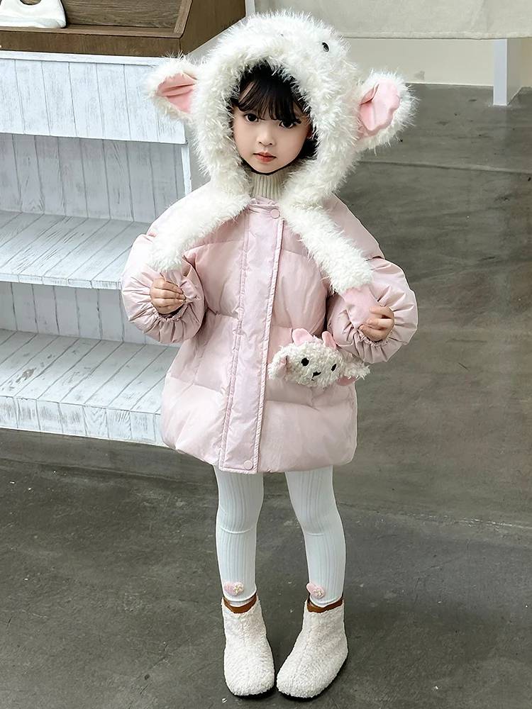 Sli Thiened White Du down Puffer Jaet for Girls Cute Windproof Warm Coat with Hat Children's Winter Clothes Kids Ou...