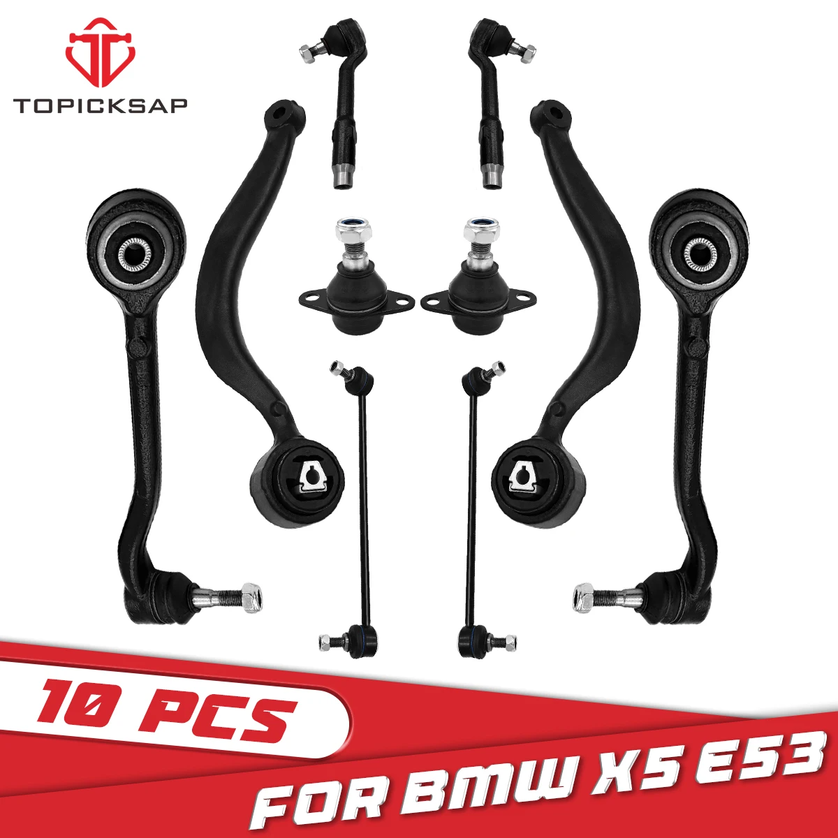 TOPICKSAP 10PCS Front Lower Control Arm Tie Rod Sway Bar Link Kit Set Fit for BMW X5 E53 2000 - 2006 31126760275 31121096169 