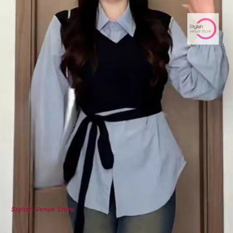Korean style fashion fake two-piece vest long-sleeved shirt female autumn new temperament tie bow waist Joker casual shirt