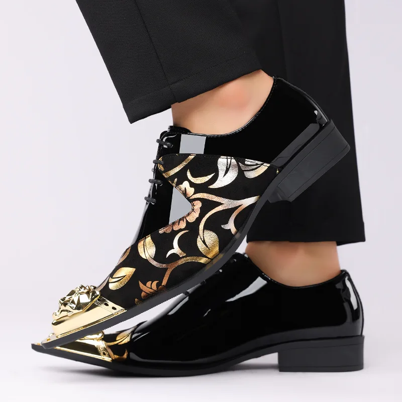 

Luxury Golden Prints Handmade Leather Shoes for Men Mixed Color Metal Pointed Toe Lace-up Loafers Male Business Leisure Shoes