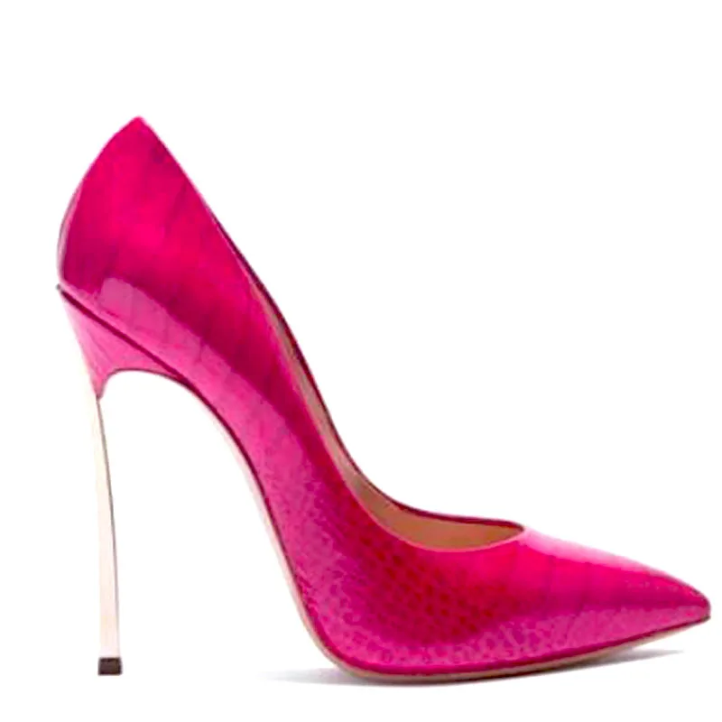 Sexy Alligator Grain Shiny Leather Blade Heels Pumps Pointed Toe 6 8 10 cm Fuchsia Burgundy Metal High Heels Women Party Shoes