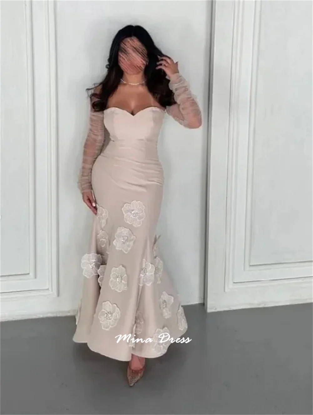 Mina 맞춤형 백리스 아랍어 이브닝 드레스 럭셔리 파티 드레스 Piglet Breast Sequin Flowers 2025 특별 행사를위한 드레스