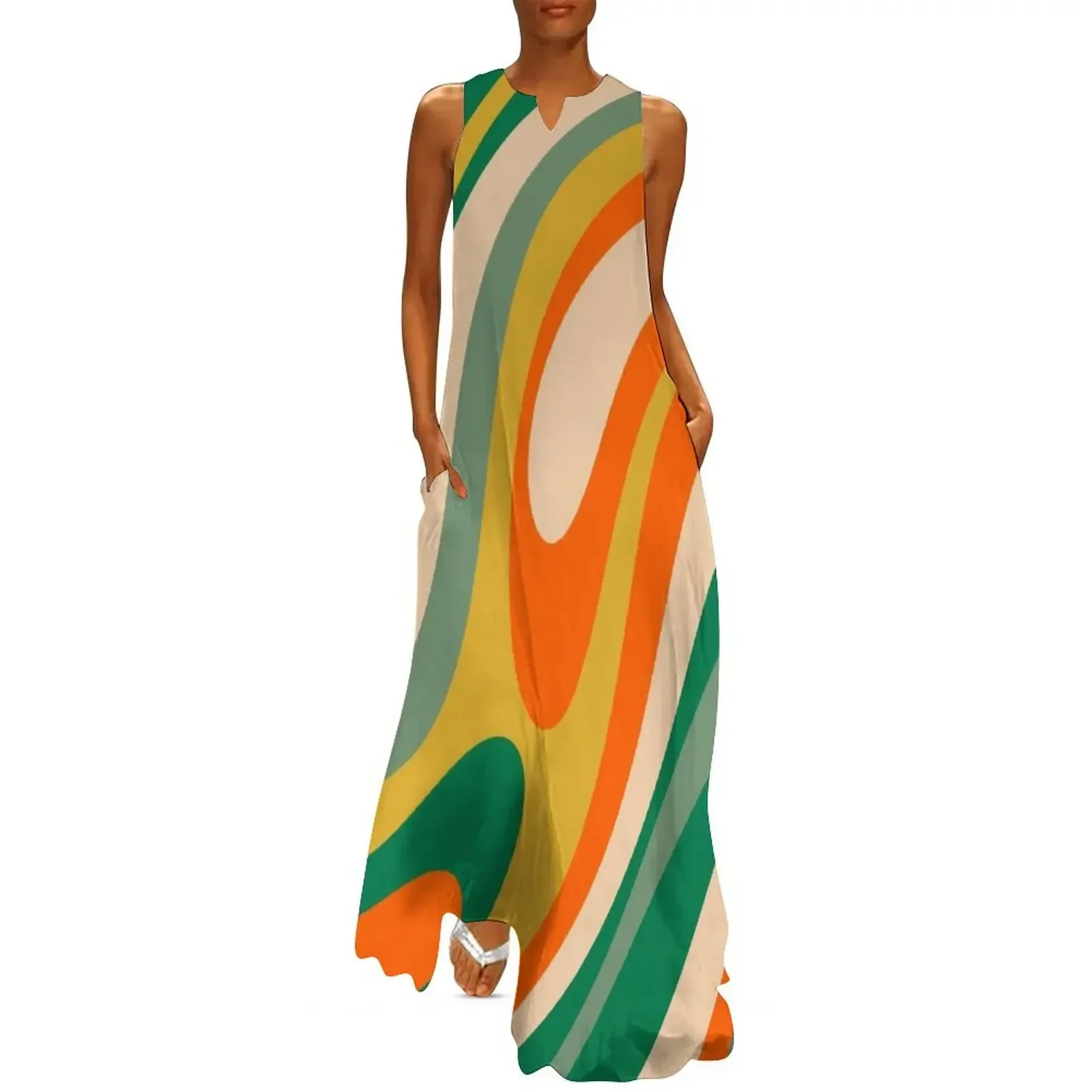 

Wavy Loops Retro Abstract Pattern in Autumn Green Mustard Orange Beige Long Dress Party dresses Dress